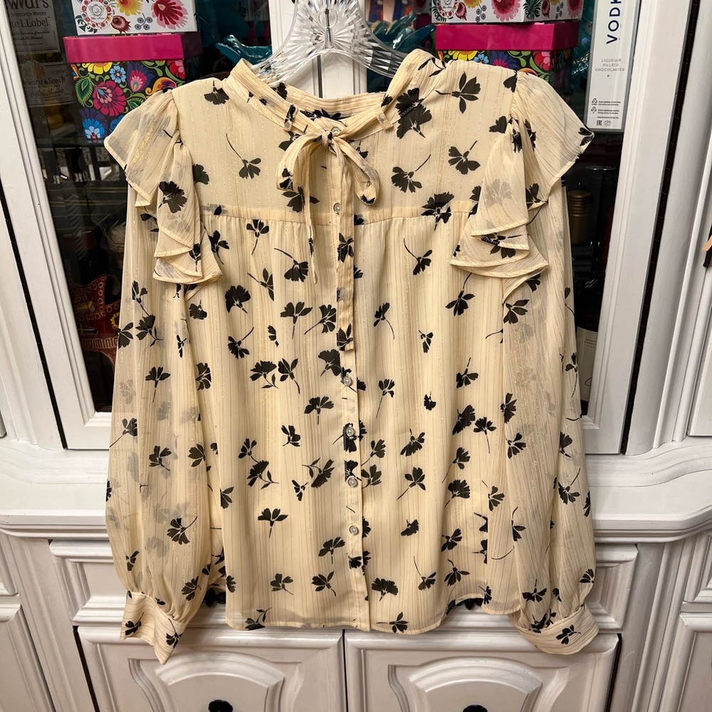 DKNY Ivory Blouse with Black Leaf Print and Gold Thread M - Picture 7 of 13